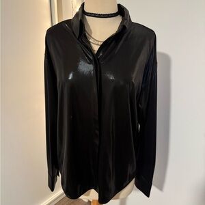 Sleek Black Satin Button-Up Shirt